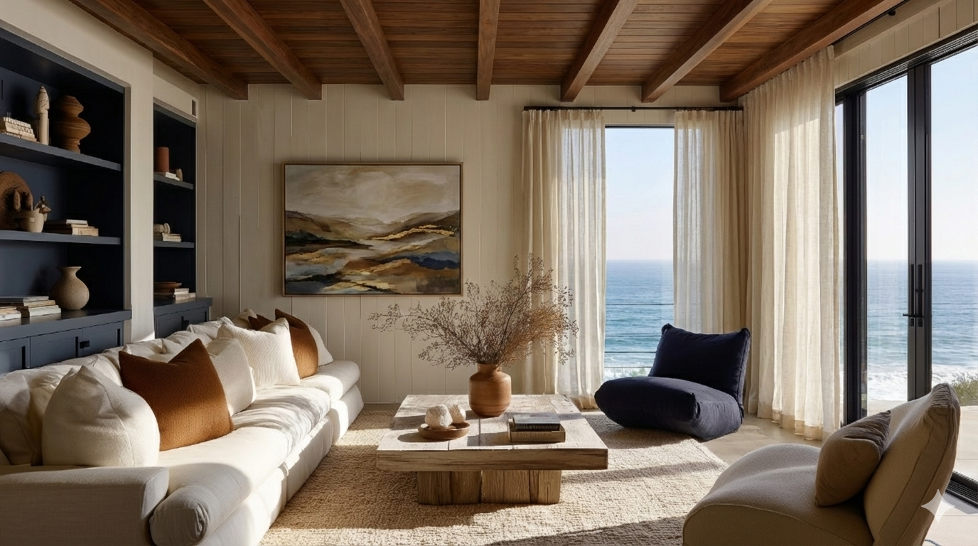 A serene coastal living room with warm wood ceiling beams, floor-to-ceiling windows overlooking the ocean, and a neutral modern interior featuring a plush ivory sofa, layered earth-tone pillows, and a natural-wood coffee table styled with ceramics; an elevated example of relaxed, refined aesthetic living and how to not make interior decorating mistakes.