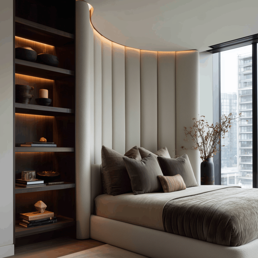 Modern bedroom with a curved cream upholstered headboard wall featuring fluted vertical textured panels and soft LED cove lighting, accented by built-in dark wood shelves and layered taupe bedding.