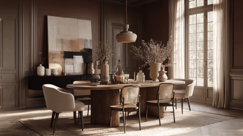 How to Decorate Your Home Like an Interior Designer. Warm modern eclectic dining room with deep brown walls, cane-backed dining chairs, upholstered accent chairs, sculptural wood table, oversized abstract artwork, textured ceramics, and a neutral rug—illustrating layered, intentional interior design.