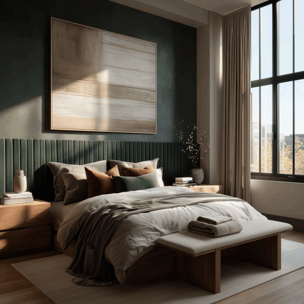 Earthy organic modern bedroom with a deep green upholstered headboard wall, vertical panel detailing, layered neutral bedding, warm wood nightstands, and soft natural light from large windows.