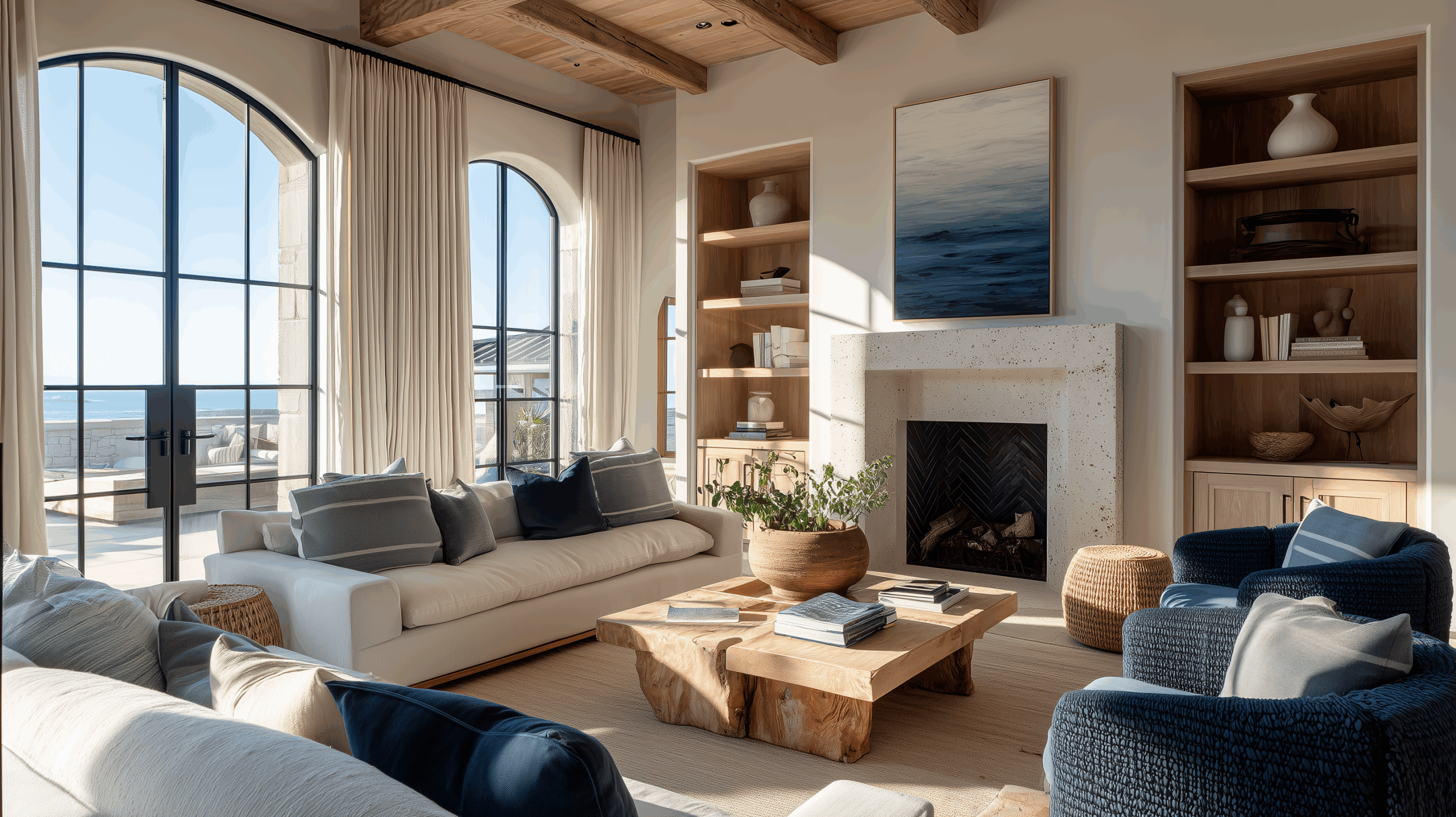 Decorate your home like an interior designer. Sunlit modern coastal living room styled like an interior designer, featuring built-in wood shelving, a plaster fireplace, layered neutral seating, blue accent pillows, arched black-framed windows, and a sculptural wood coffee table overlooking the ocean.