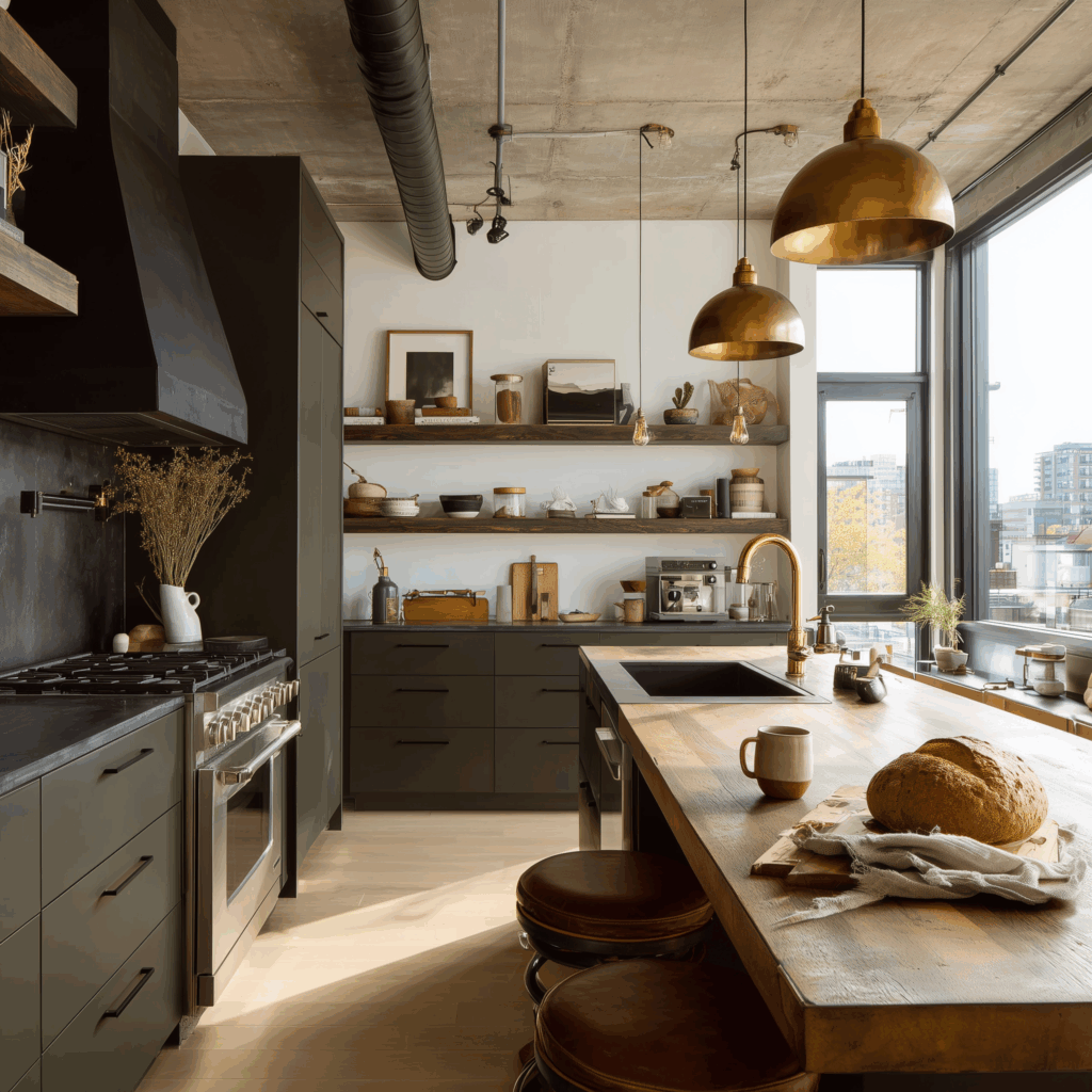 Warm industrial modern kitchen featuring matte black cabinets, open wood shelves styled with pottery and art, brass dome pendant lights, exposed concrete ceiling, and a thick wood island with leather stools.