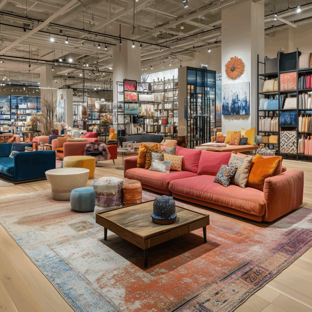 Colorful home decor store showroom filled with sofas, rugs, and accent pillows, illustrating the common interior decorating mistake of shopping for furniture and decor without a clear design plan or vision.