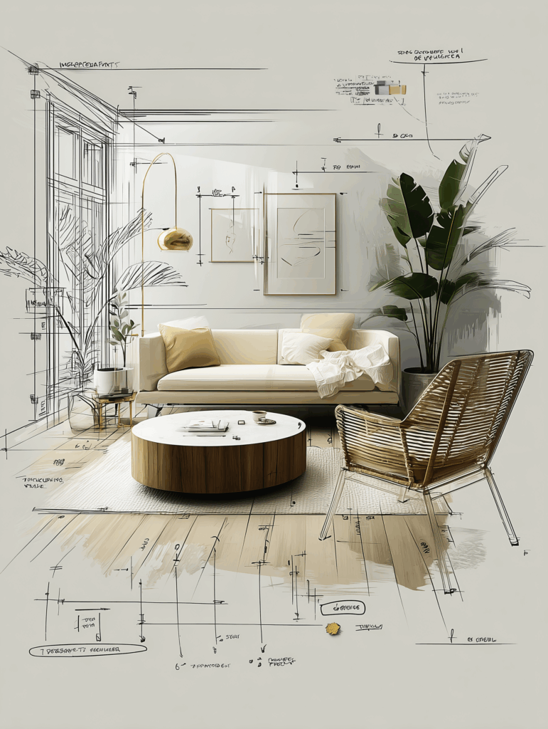 Conceptual interior design illustration showing a styled neutral living room layered over architectural sketches and measurements, with a sofa, round coffee table, accent chair, floor lamp, and plants aligned to detailed planning lines, illustrating how successful interior design requires translating Pinterest inspiration into scale, layout, and real-world execution.