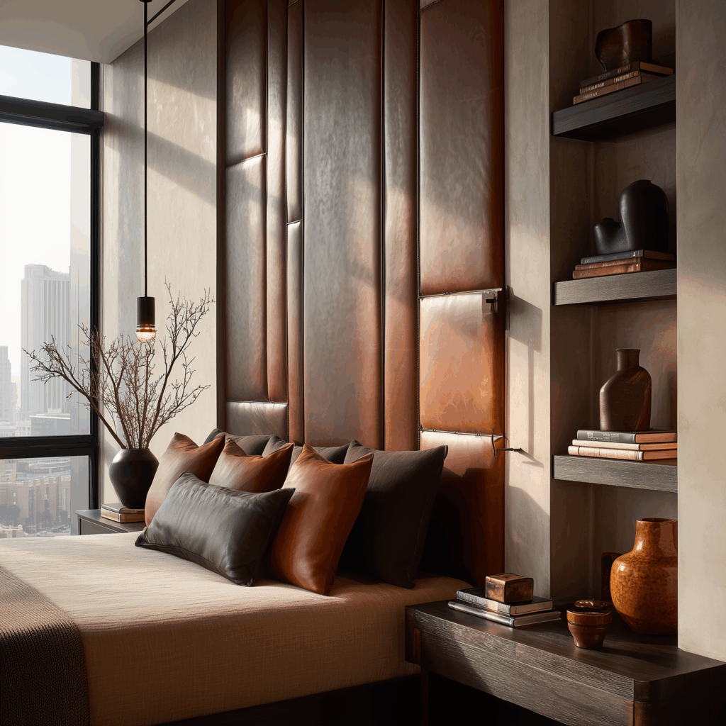 Earthy modern bedroom with a tall leather upholstered headboard wall made of stitched vertical panels, styled with warm brown bedding, dark wood shelves, and sculptural ceramic accents.