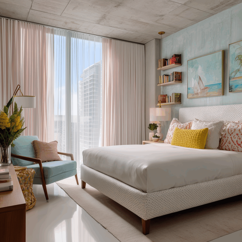 Light-filled modern bedroom with soft pastel drapes, a city-view window, and a dotted upholstered bed layered with textured pillows in white, coral, and yellow; mid-century–inspired accent chair, warm wood furniture, and coastal artwork create a fresh, approachable aesthetic-living interior.