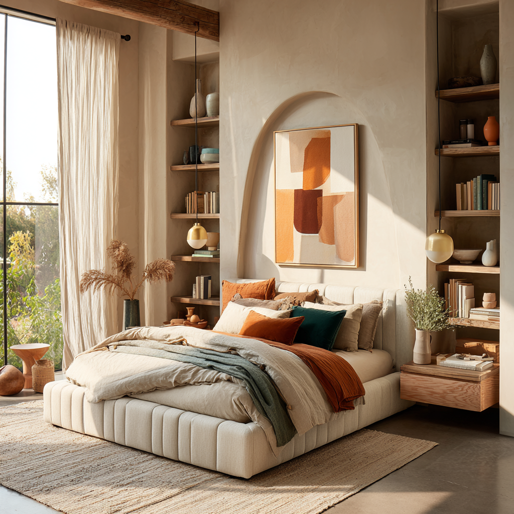 Warm modern bedroom with an upholstered low-profile bed layered in earthy neutral bedding and terracotta accents, framed by built-in shelves styled with ceramics and books; large windows, natural light, and abstract artwork create an elevated, organic, aesthetic-living interior.