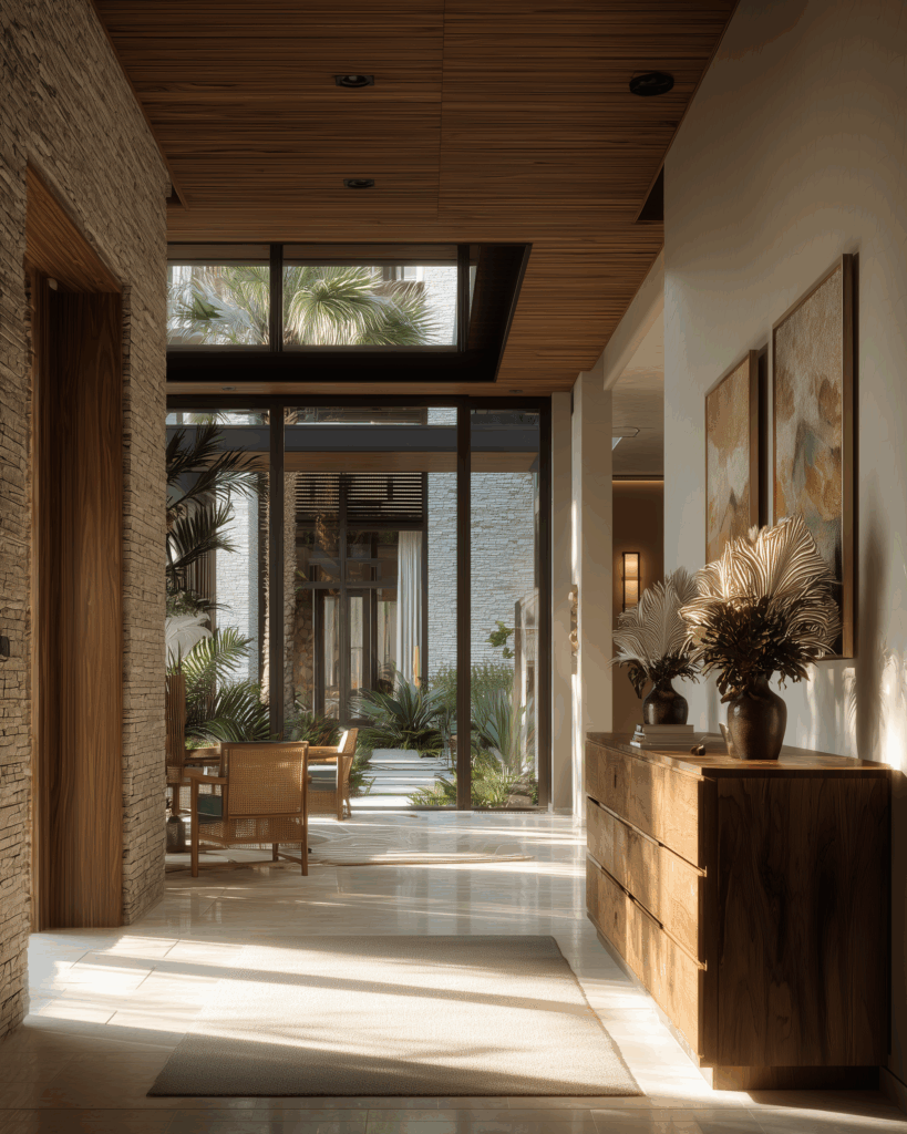 Modern entryway with warm wood ceilings, stone accent walls, and floor-to-ceiling glass opening to a lush courtyard; natural light washes across a sleek wood console styled with sculptural vases and palm fronds, creating an effortless indoor–outdoor transition and a refined, resort-inspired interior.