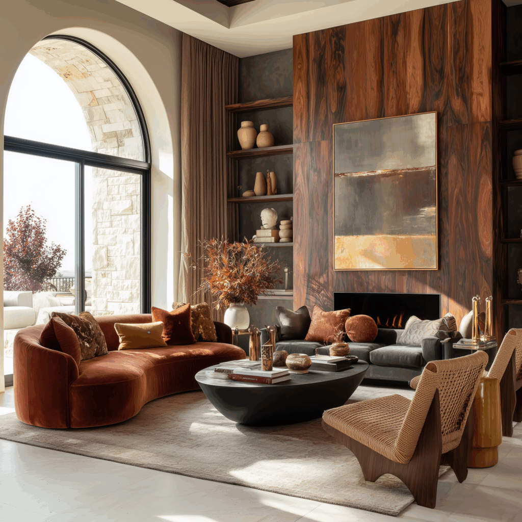 Warm modern organic living room featuring a curved rust velvet sofa, walnut wood fireplace surround, sculptural black coffee table, woven accent chairs, tonal pillows, and layered textures styled with built-in shelving and ceramics.