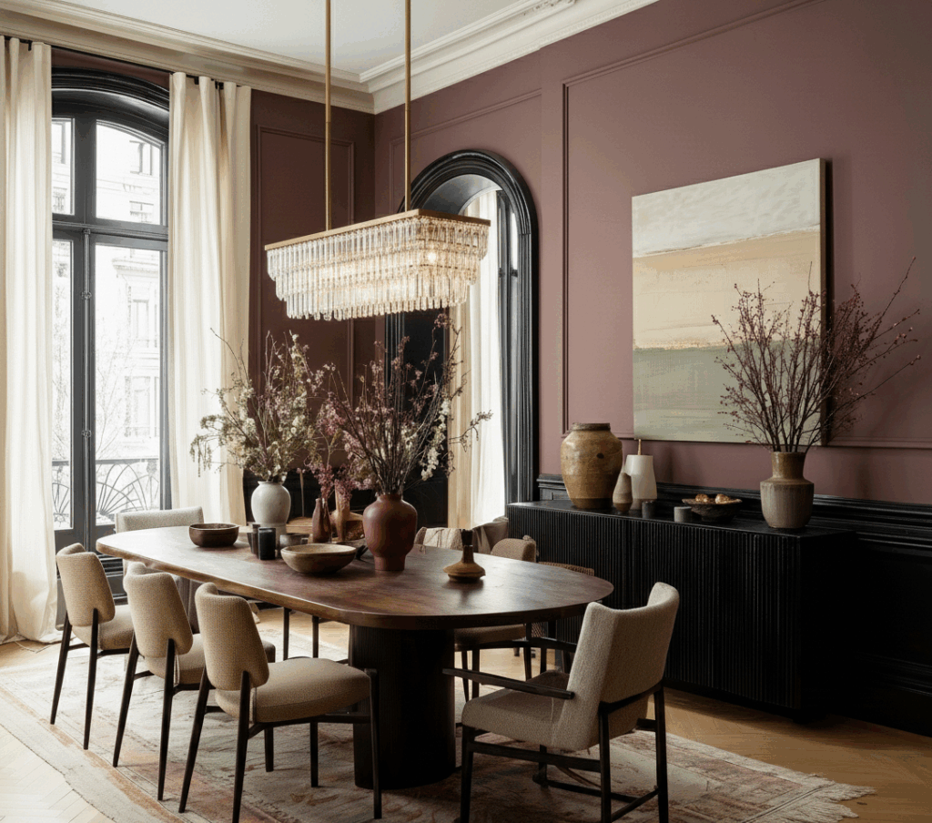 Elegant dining room with warm plum walls, a long wood table styled with sculptural vases and branches, upholstered modern chairs, and a crystal chandelier that adds soft glamour; arched black windows and a textured sideboard create a richly layered, moody-modern interior.