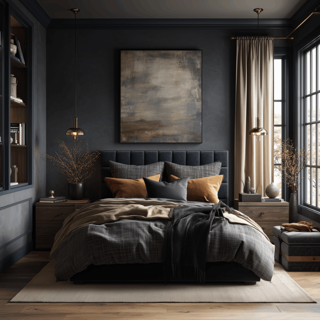 Moody modern small bedroom with a dark charcoal tufted headboard, warm earth-tone bedding, oversized abstract artwork, gold pendant lighting, and natural wood nightstands, styled with hotel-inspired details and large black-framed windows that enhance the cozy luxury feel.