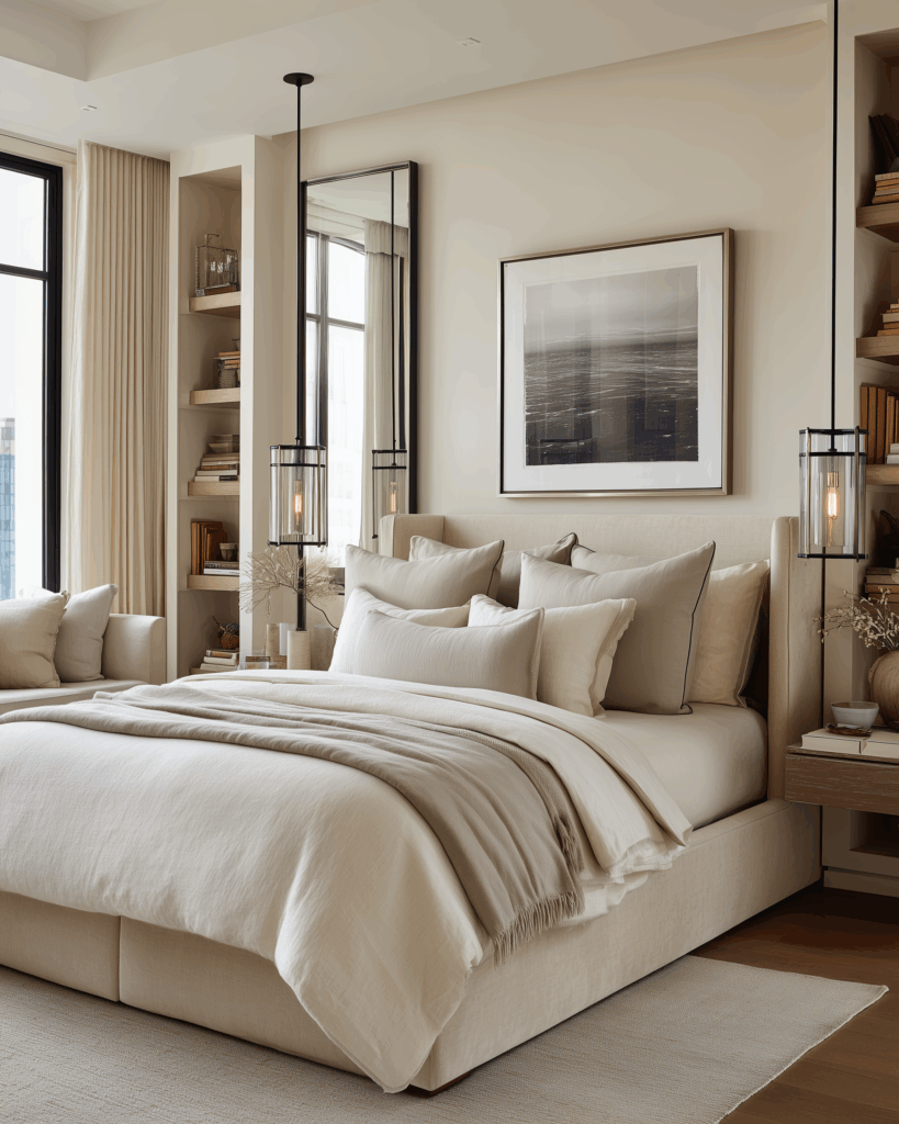 Small bedroom decorating ideas: Neutral modern small bedroom with an upholstered cream bed, layered bedding, tall black-framed mirrors, hotel-style pendant lights, and built-in shelving styled with books and ceramics, creating a bright, space-efficient layout with soft natural light.