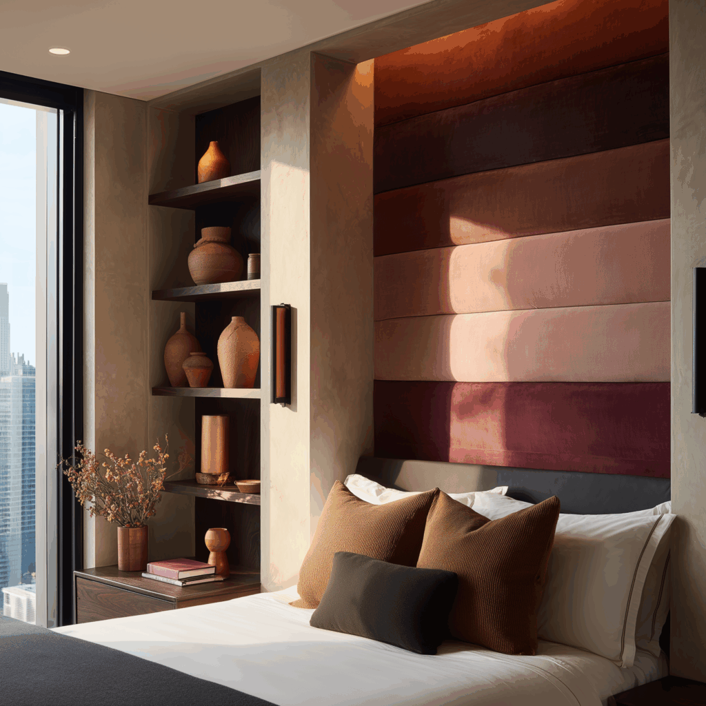 Modern bedroom with an ombré upholstered headboard wall featuring horizontal fabric panels that fade from deep burgundy to soft rose, styled with built-in shelves and earthy ceramic décor.