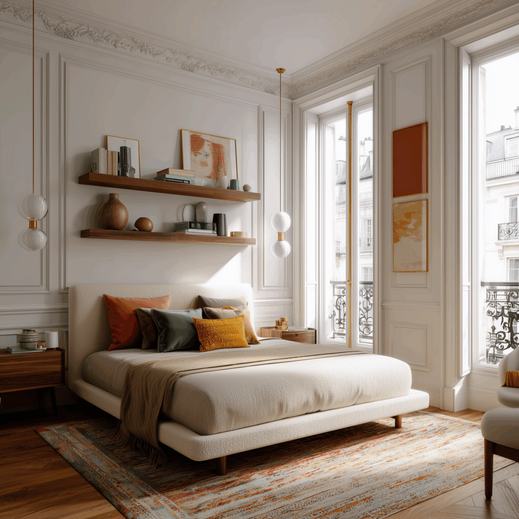 Parisian-style small bedroom with ornate wall molding, tall windows, and an upholstered cream platform bed layered with warm-toned pillows; styled with walnut floating shelves, sculptural décor, and soft natural light that makes the compact space feel larger and more luxurious.