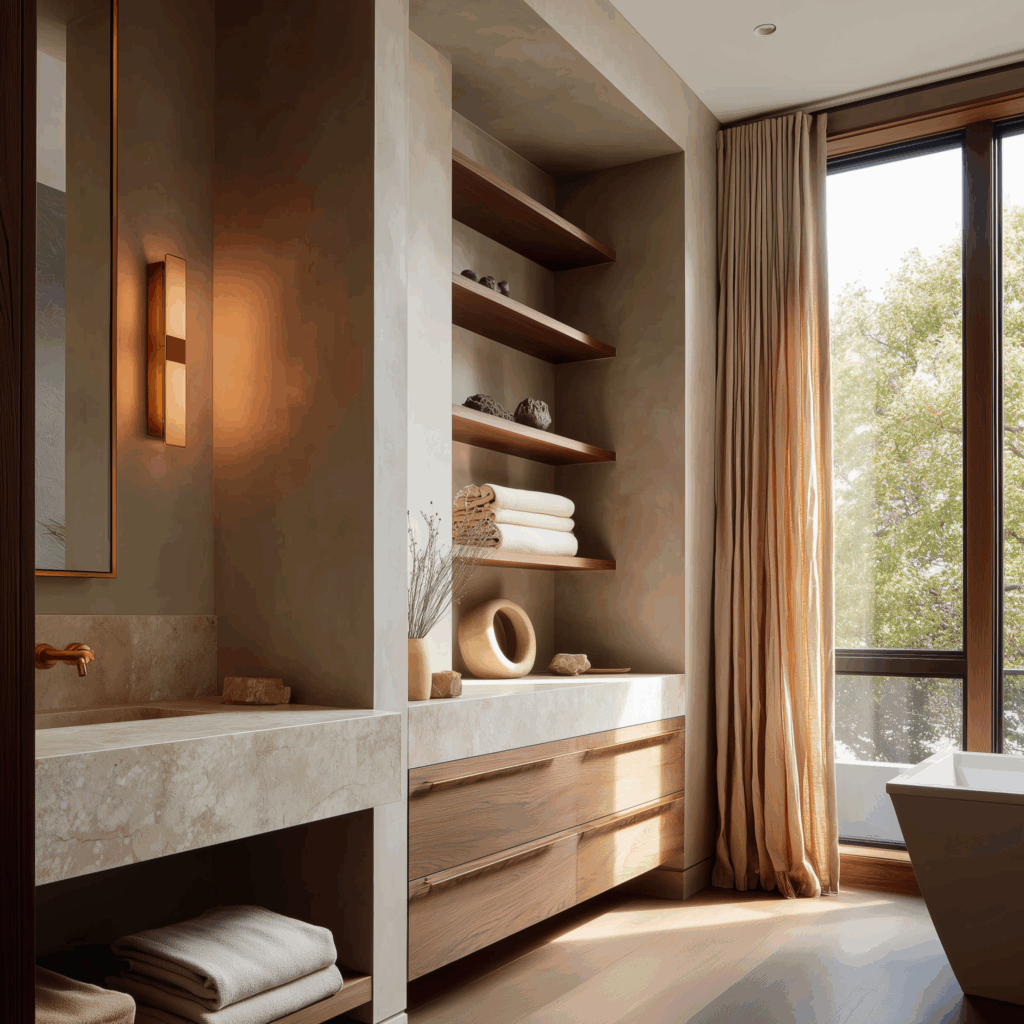 Pinterest-perfect minimalist bathroom featuring custom built-in wood shelving, stone vanity, integrated lighting, and floor-to-ceiling windows with sheer curtains, illustrating an aspirational design that relies on architectural features, natural light, and bespoke cabinetry rarely achievable in standard homes.