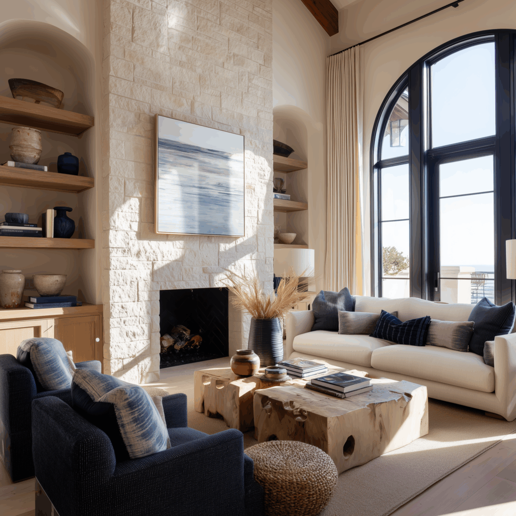 Sunlit Pinterest-perfect modern coastal living room with a neutral color palette, featuring a limestone fireplace, built-in wood shelving, sculptural wood coffee table, and layered blue and cream seating, illustrating an aspirational interior often saved online without considering budget, architecture, or real-life functionality.
