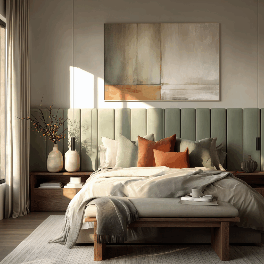 Modern bedroom with a sage green vertical upholstered headboard wall, styled with mixed neutral bedding, terracotta accent pillows, warm wood nightstands, and an abstract painting above the bed.