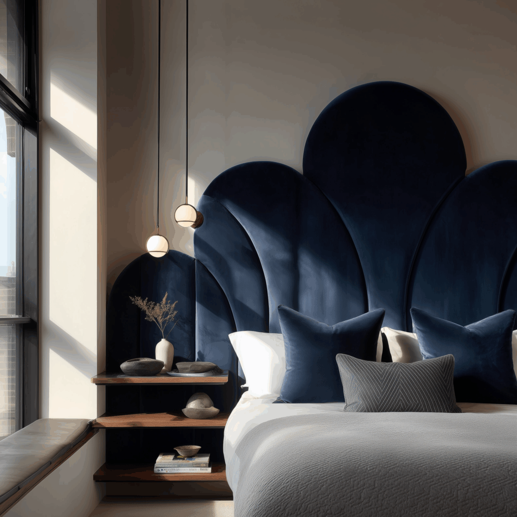 Modern bedroom with a navy velvet scalloped upholstered headboard featuring soft architectural curves, paired with pendant globe lights, wood bedside shelving, and layered blue and gray bedding.