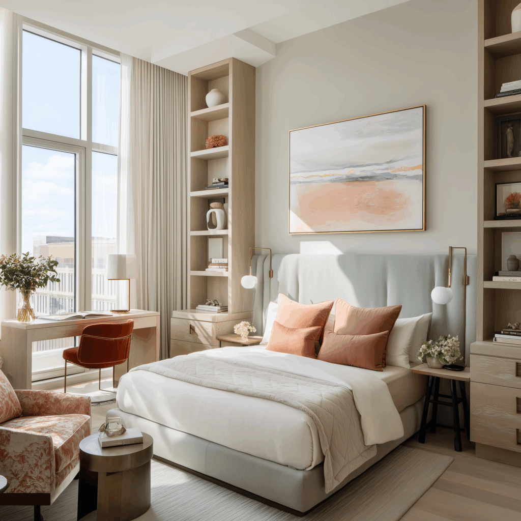 Serene soft modern bedroom with a pale upholstered headboard wall, built-in light wood shelving, warm peach accent pillows, and large windows flooding the neutral space with natural light.