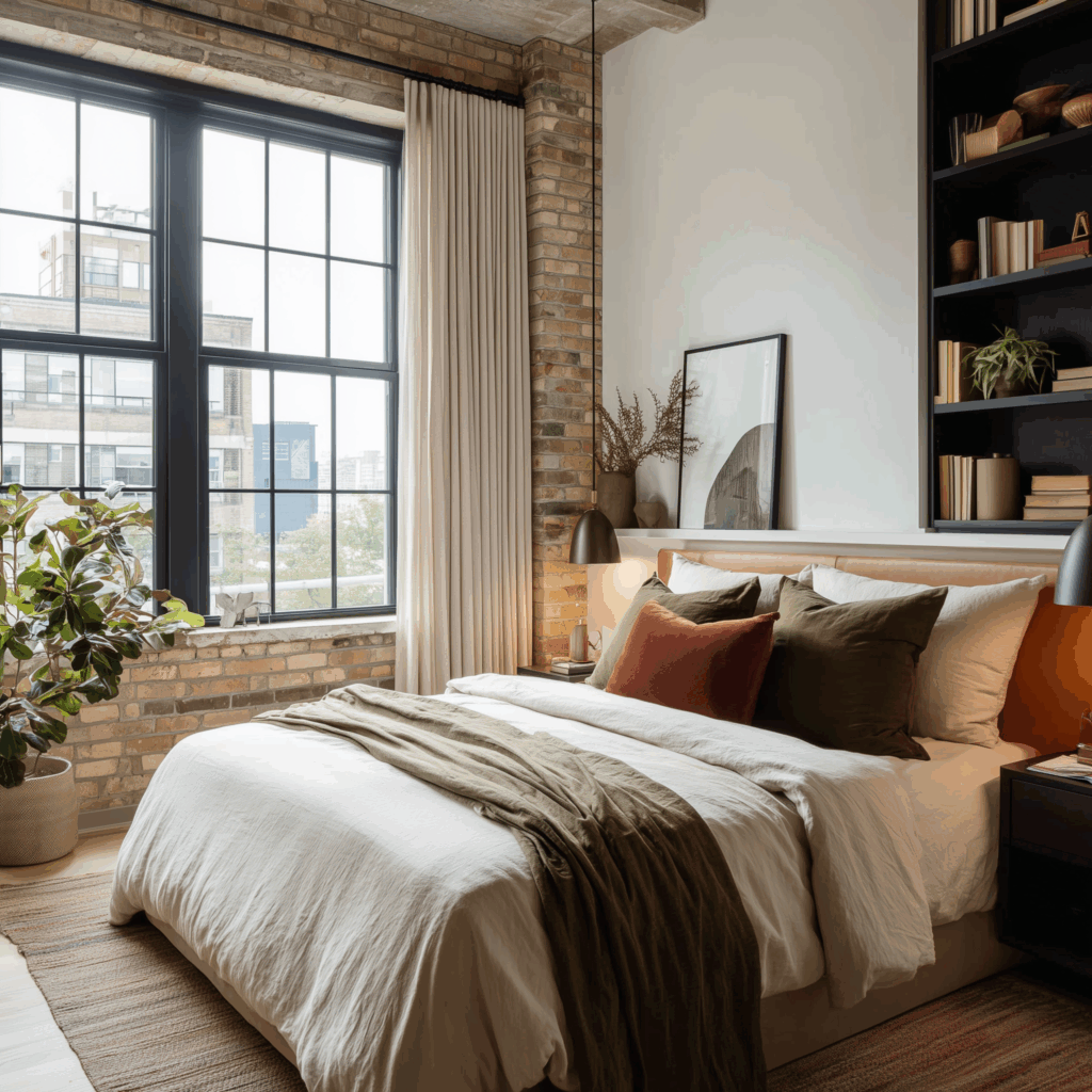 Small modern loft bedroom with built-in shelving above the bed, exposed brick walls, large black-framed windows, layered neutral bedding with olive and rust pillows, and space-saving nightstands that maximize vertical storage and natural light.