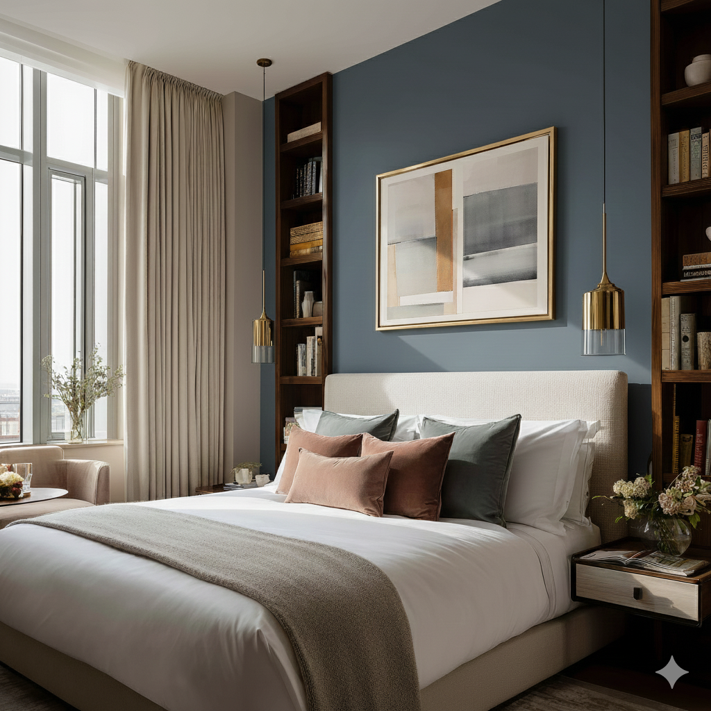 Small modern bedroom with a blue accent wall and built-in wood shelving around an upholstered bed, styled with gold pendant lights, layered neutral bedding, abstract artwork, and soft natural light from tall windows.