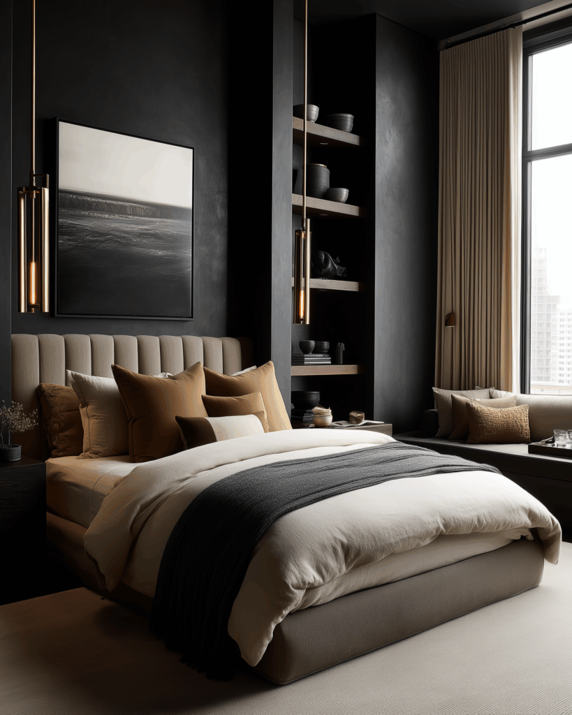 Moody modern small bedroom with black plaster walls, built-in wood shelving for space-saving storage, a taupe upholstered headboard, layered tan and charcoal bedding, tall gold pendant lights, and a cozy window seat with city views.