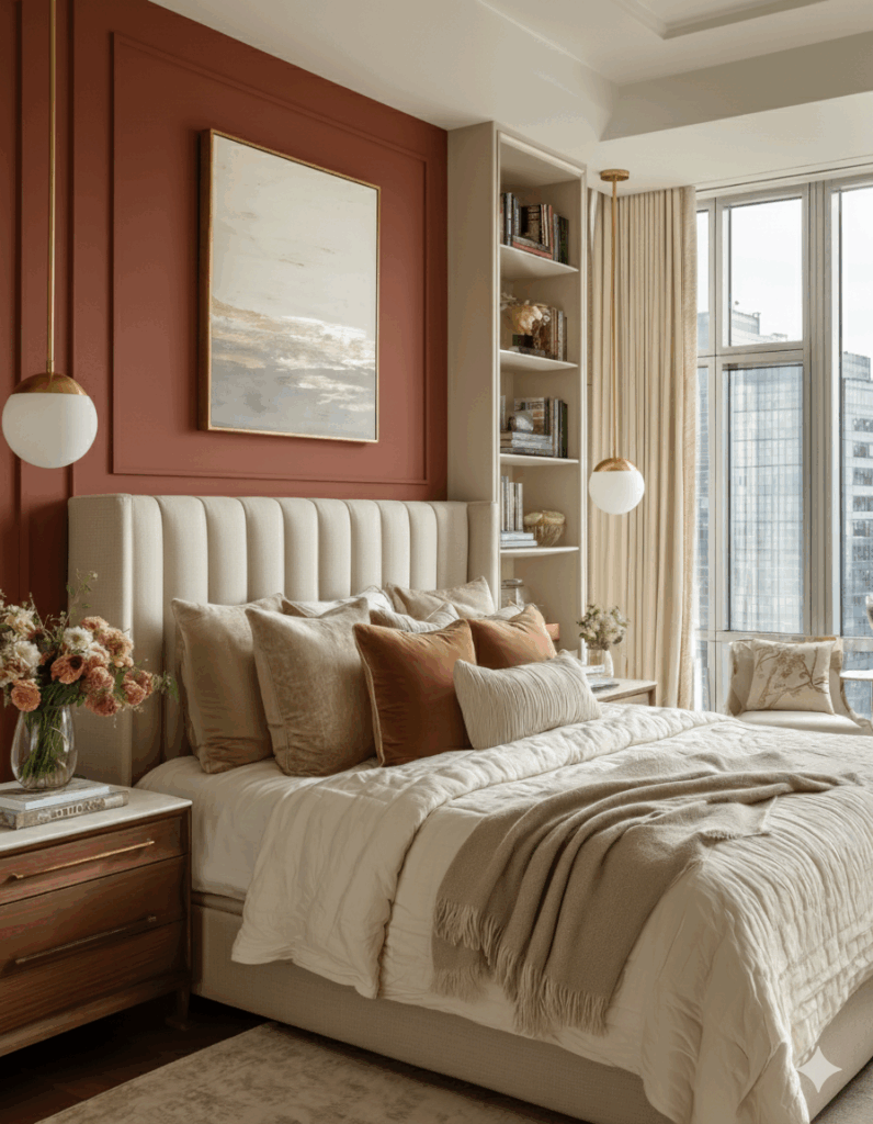 Small modern bedroom with a tall cream upholstered headboard, warm terracotta accent wall with framed art, built-in shelving beside the bed, gold pendant lights, layered neutral bedding, and large windows bringing in natural light—showcasing hotel-style design ideas for maximizing small spaces.