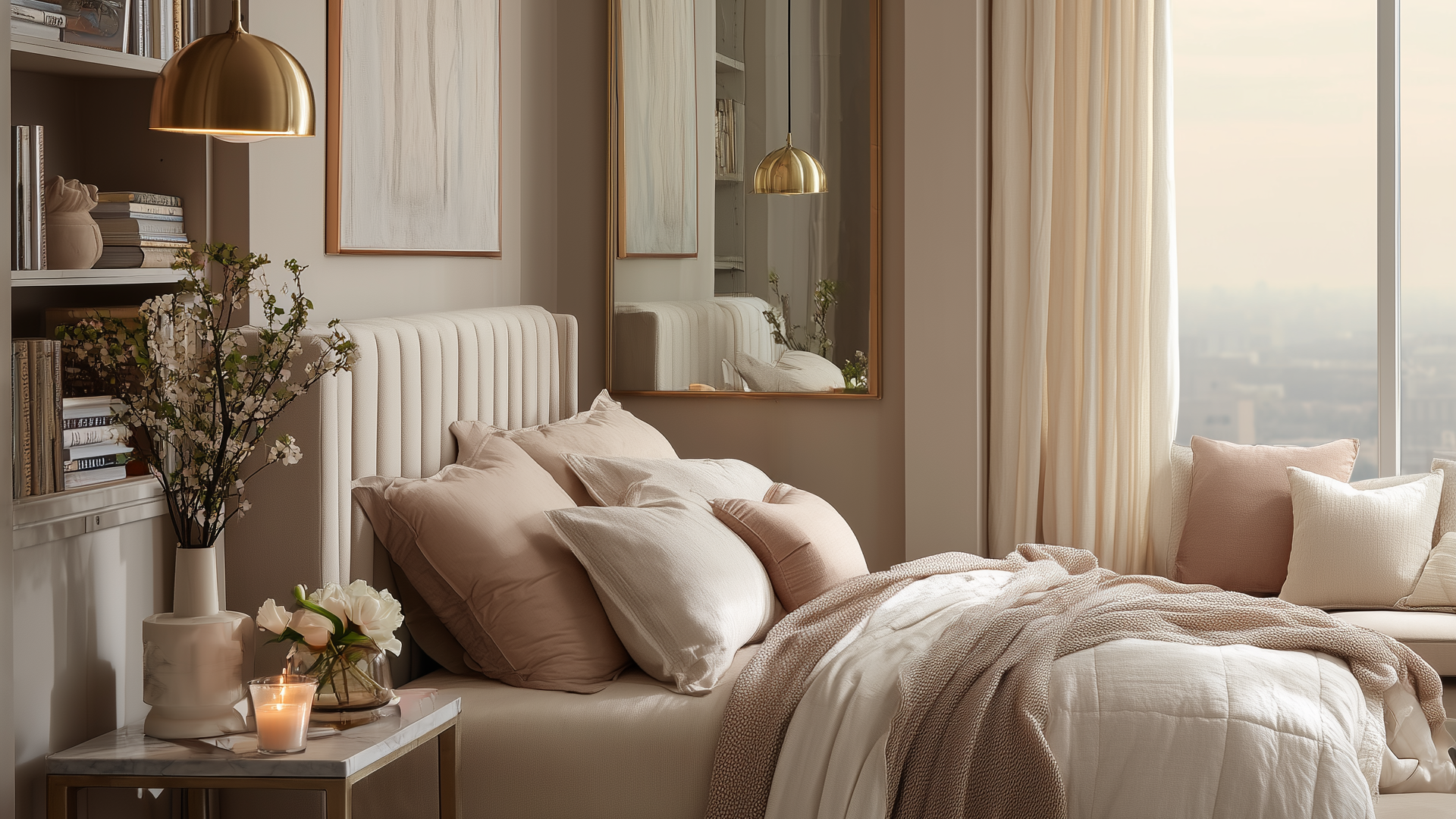 Small bedroom decorating ideas: modern bedroom styled with a neutral fluted upholstered headboard wall, blush and cream layered bedding, gold dome pendant lighting, built-in shelves with books and ceramics, and soft natural light from a large window—showcasing space-saving, cozy small-bedroom design ideas with a warm minimalist aesthetic.