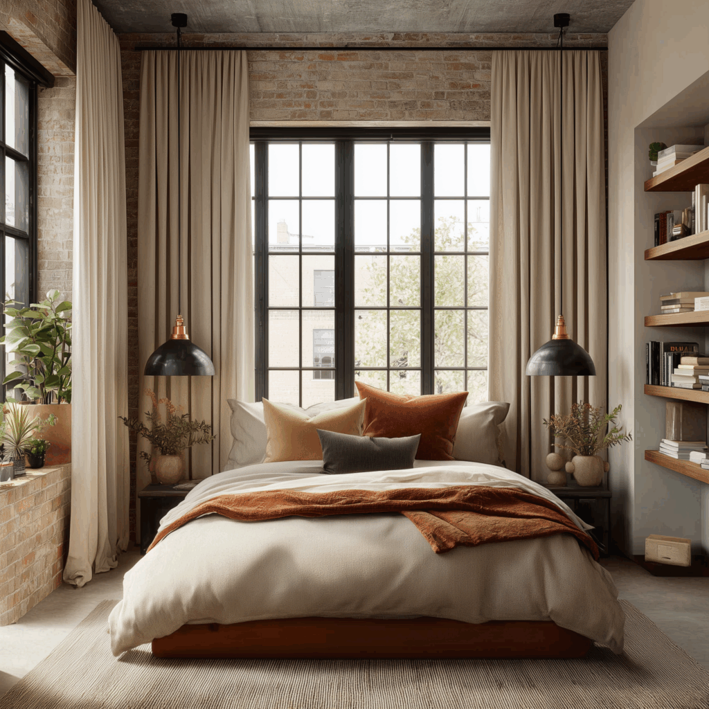 Small industrial-style bedroom with large black-framed windows, soft beige drapery, a low-profile bed with layered neutral and terracotta bedding, built-in floating wood shelves, and space-saving nightstands, styled to maximize light, warmth, and functionality in a compact layout.