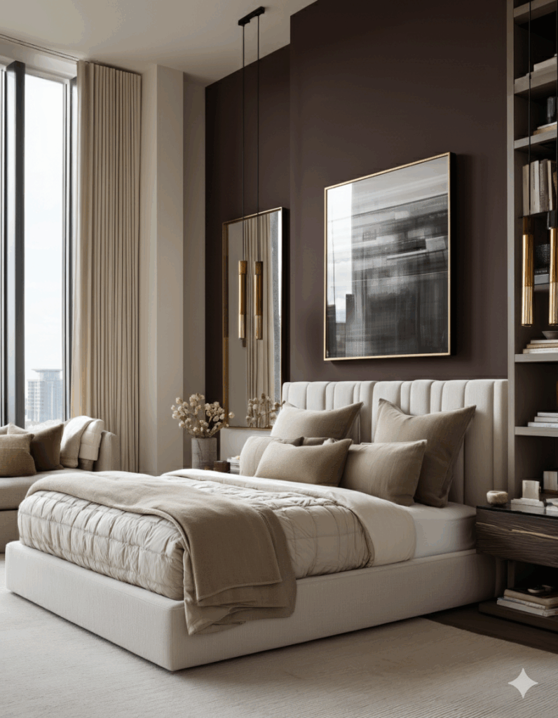 Small modern bedroom with a warm moody accent wall in espresso brown, featuring a cream fluted upholstered headboard, layered neutral bedding, gold pendant lighting, built-in shelves styled with books and ceramics, and soft natural light from large windows—showcasing elevated small-bedroom design ideas in a warm contemporary style.