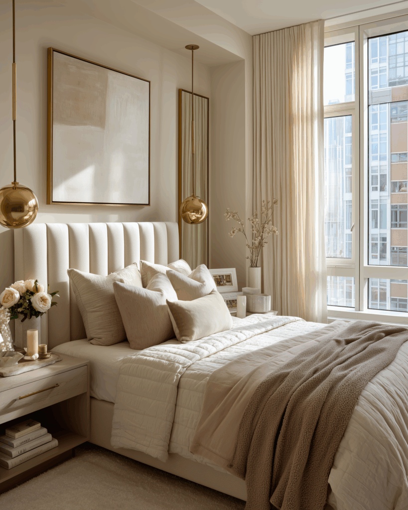 Small modern bedroom with a tall cream upholstered headboard, gold pendant lights, narrow floor mirrors that visually expand the space, soft neutral bedding, and large windows bringing in natural light—showcasing hotel-style design tricks for making small rooms feel bigger.