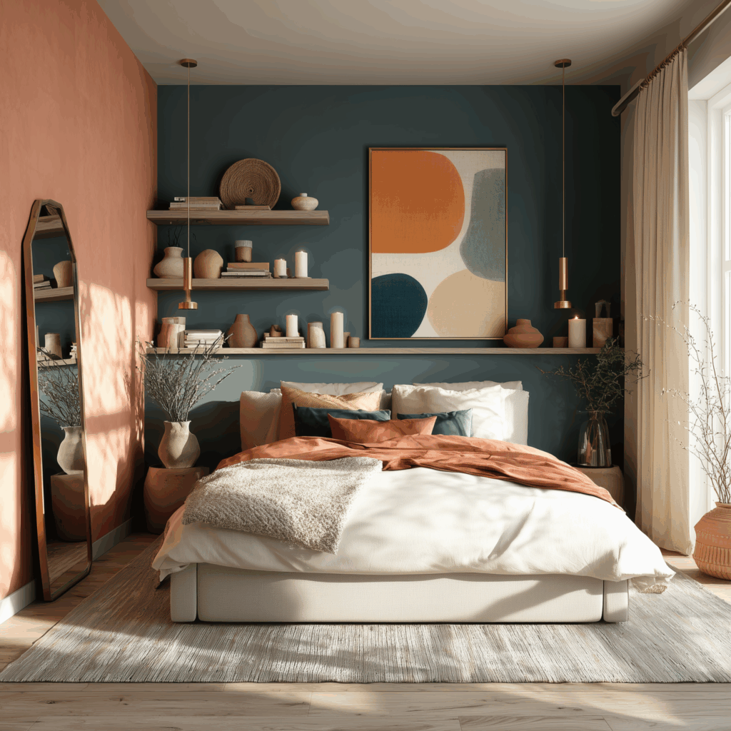 Small modern bedroom with teal accent wall and floating shelves above the bed styled with ceramics and books, a low upholstered platform bed with rust and cream bedding, coral side wall, gold pendant lights, and soft natural light from a window.