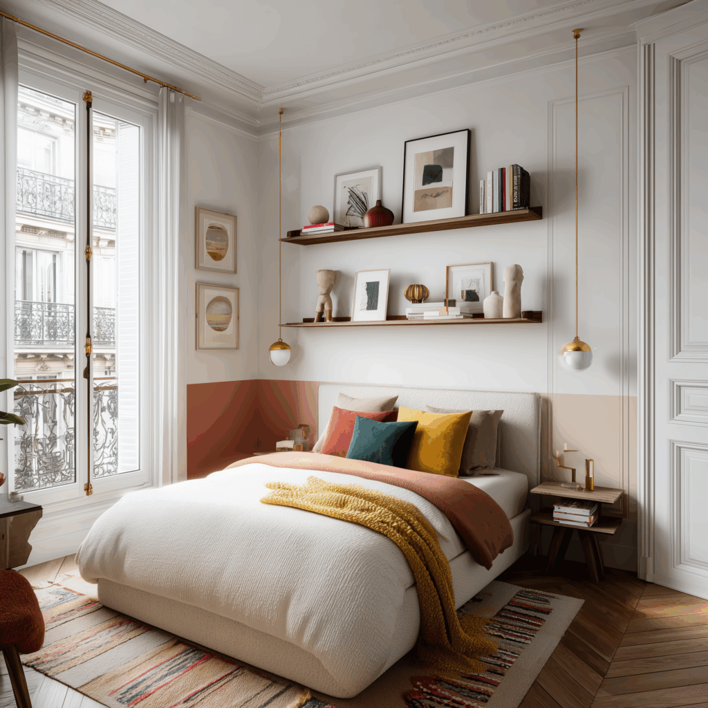 Small Bedroom Storage and Space-Saving Ideas: Small Parisian-style bedroom with tall French windows, a two-tone blush and white wall, floating wood shelves above the bed for space-saving storage, modern gold pendant lights, and a low upholstered bed with layered rust, mustard, and teal pillows.