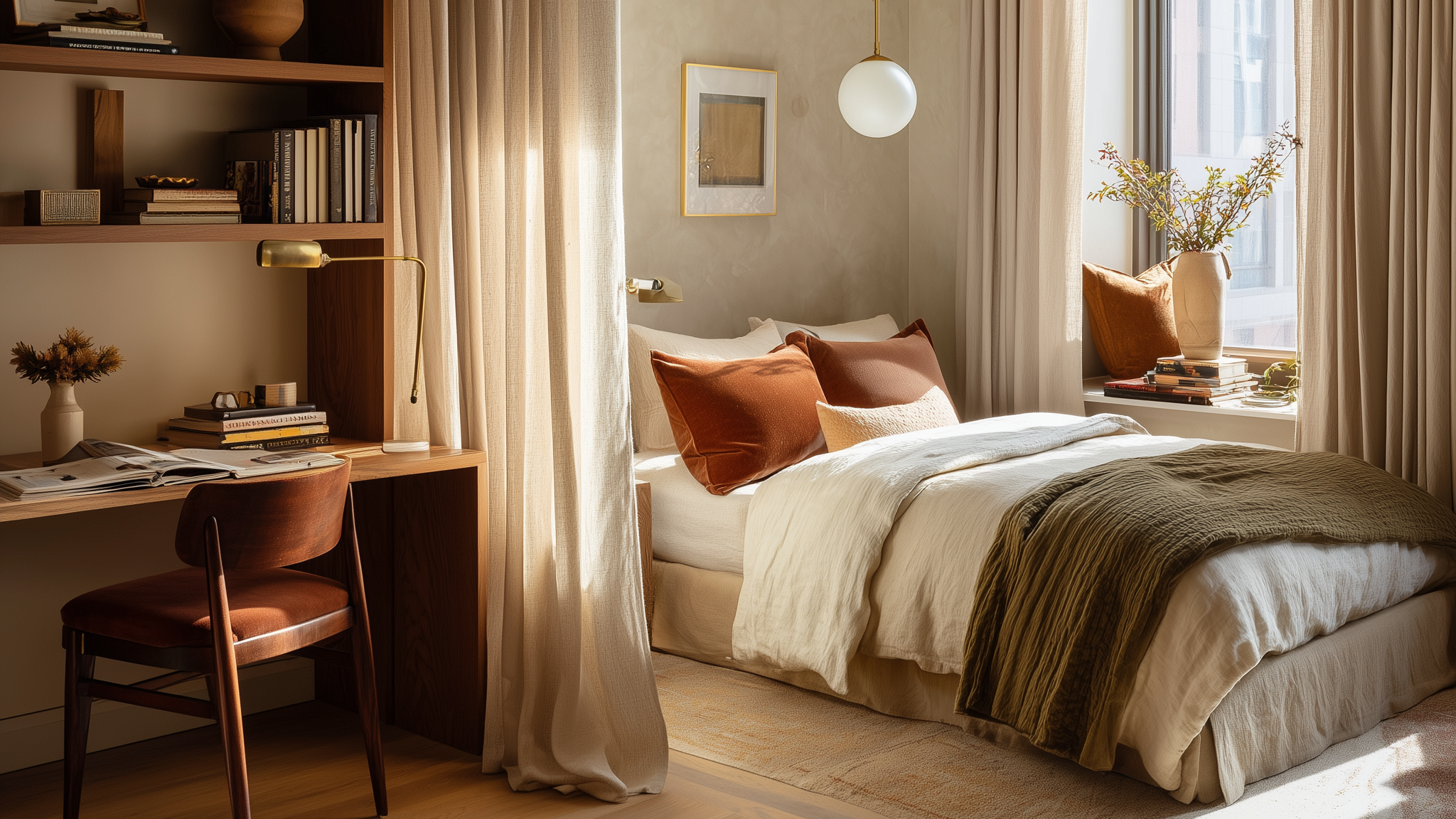 Stylish Small Bedroom Storage and Space-Saving Ideas featuring a built-in wood desk, creamy floor-to-ceiling curtains used as a zone divider, warm neutral bedding, terracotta accent pillows, and a cozy window nook with books and soft natural light; an example of stylish storage solutions and layout ideas for small spaces.