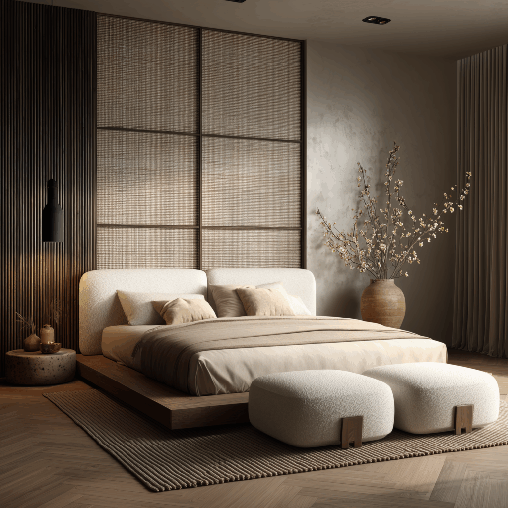 Neutral wabi-sabi bedroom with an upholstered headboard wall framed by rattan panels, a low platform bed, boucle ottomans, ribbed wood accent wall, and organic ceramic decor.