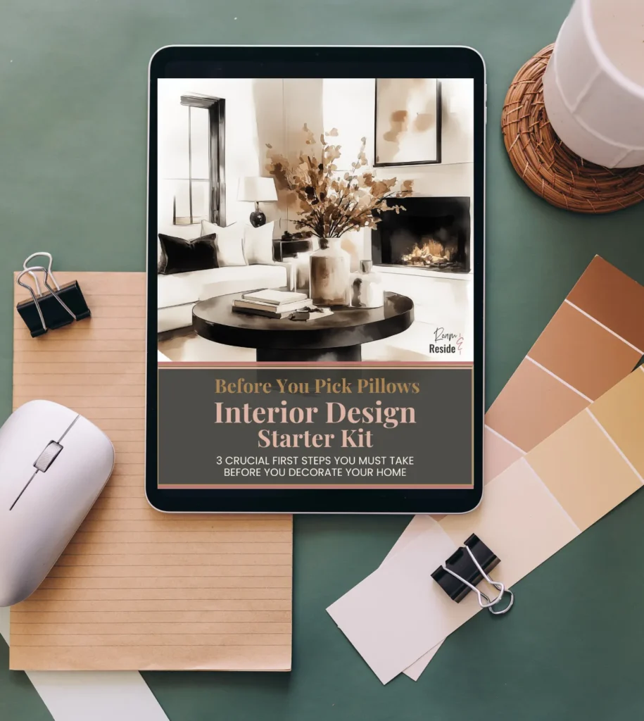 Tablet mockup showing the "Interior Design Starter Kit" guide titled “Before You Pick Pillows,” featuring 3 crucial first steps for decorating your home, styled with neutral paint swatches, notebook, and modern desk accessories.
