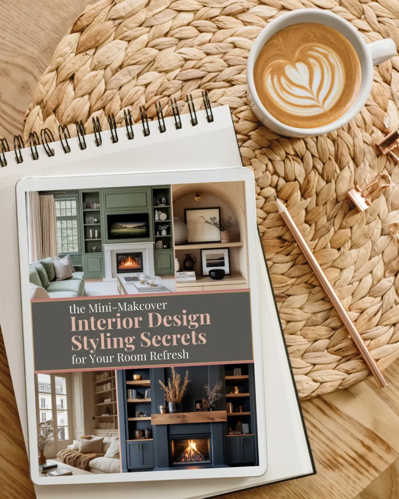 Flatlay of a cozy workspace with a latte art coffee, gold pen, and woven placemat, featuring a digital guide titled ‘Mini-Makeover Interior Design Styling Secrets for Your Room Refresh’ displayed on a tablet, showing styled living rooms with fireplaces, shelving, and modern decor.