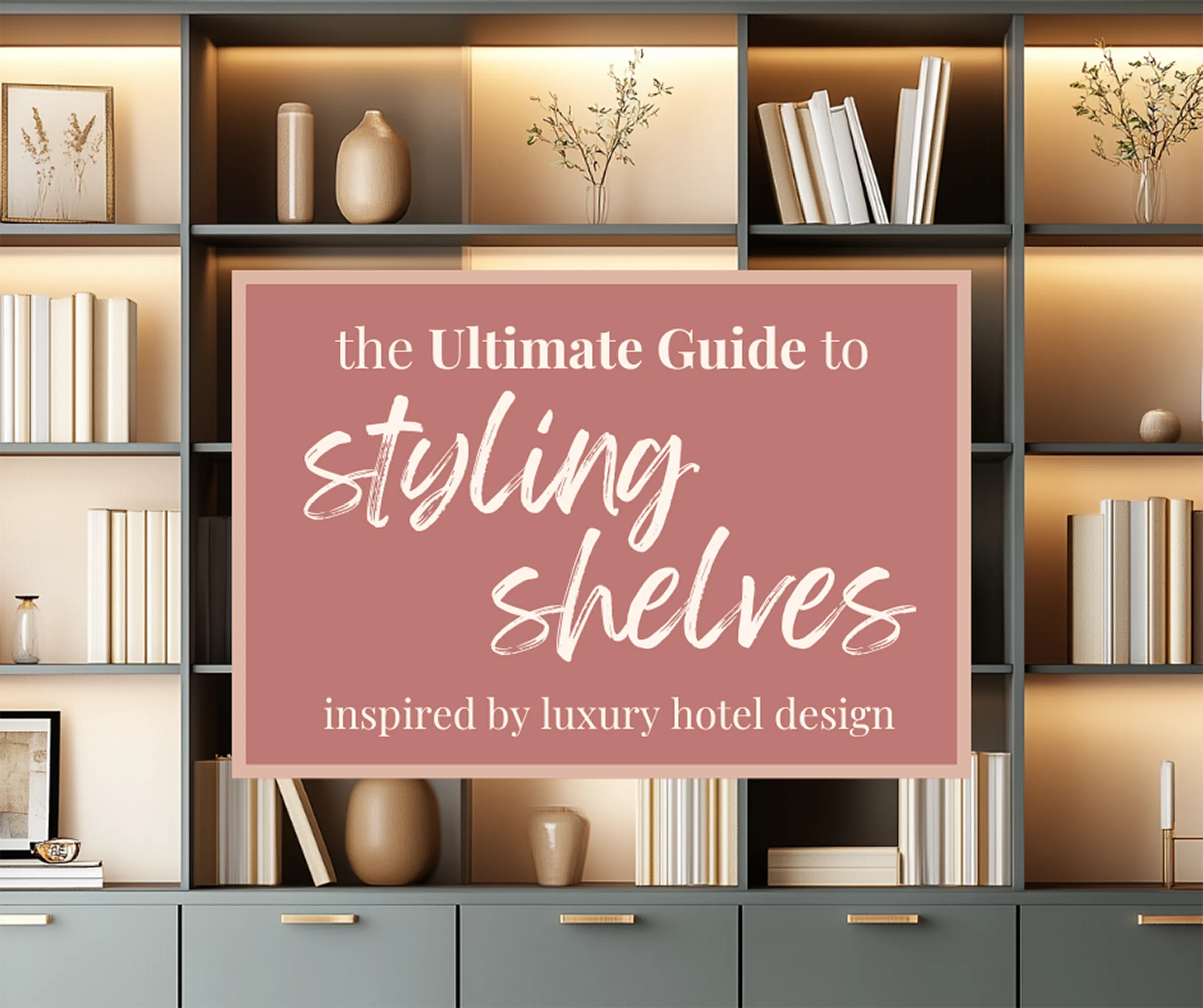 Cover graphic for The Ultimate Guide to Shelf Styling Tips inspired by luxury hotel design, featuring modern bookshelves with curated decor, neutral tones, and soft lighting.