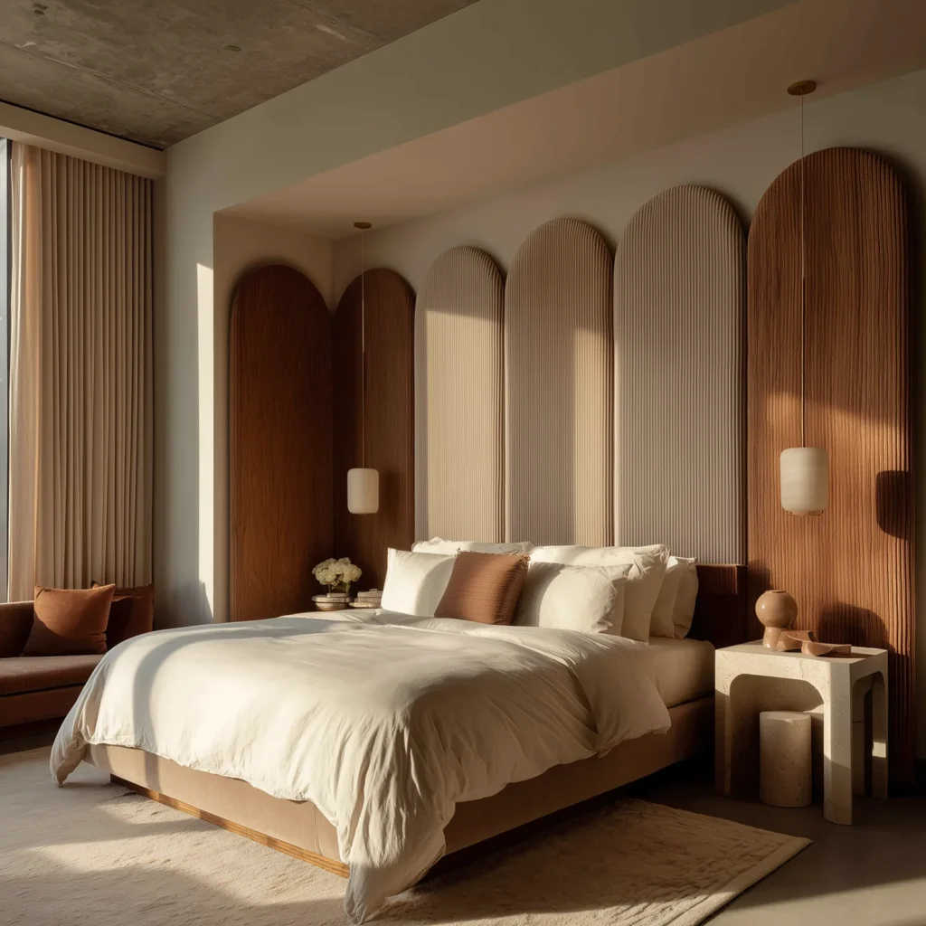 Modern organic bedroom with arched ribbed upholstered headboard panels in warm neutral tones, soft architectural shapes, wood accents, and minimalist pendant lighting.
