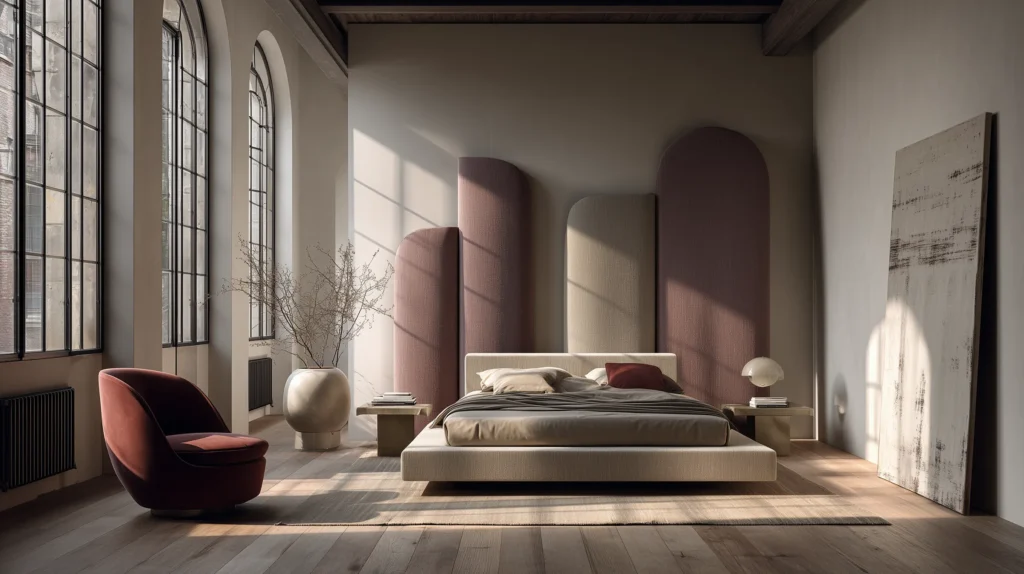 Loft bedroom with tall arched upholstered headboard panels in muted mauve and taupe, soft-architecture curves, floor-to-ceiling industrial windows, and minimalist neutral decor.