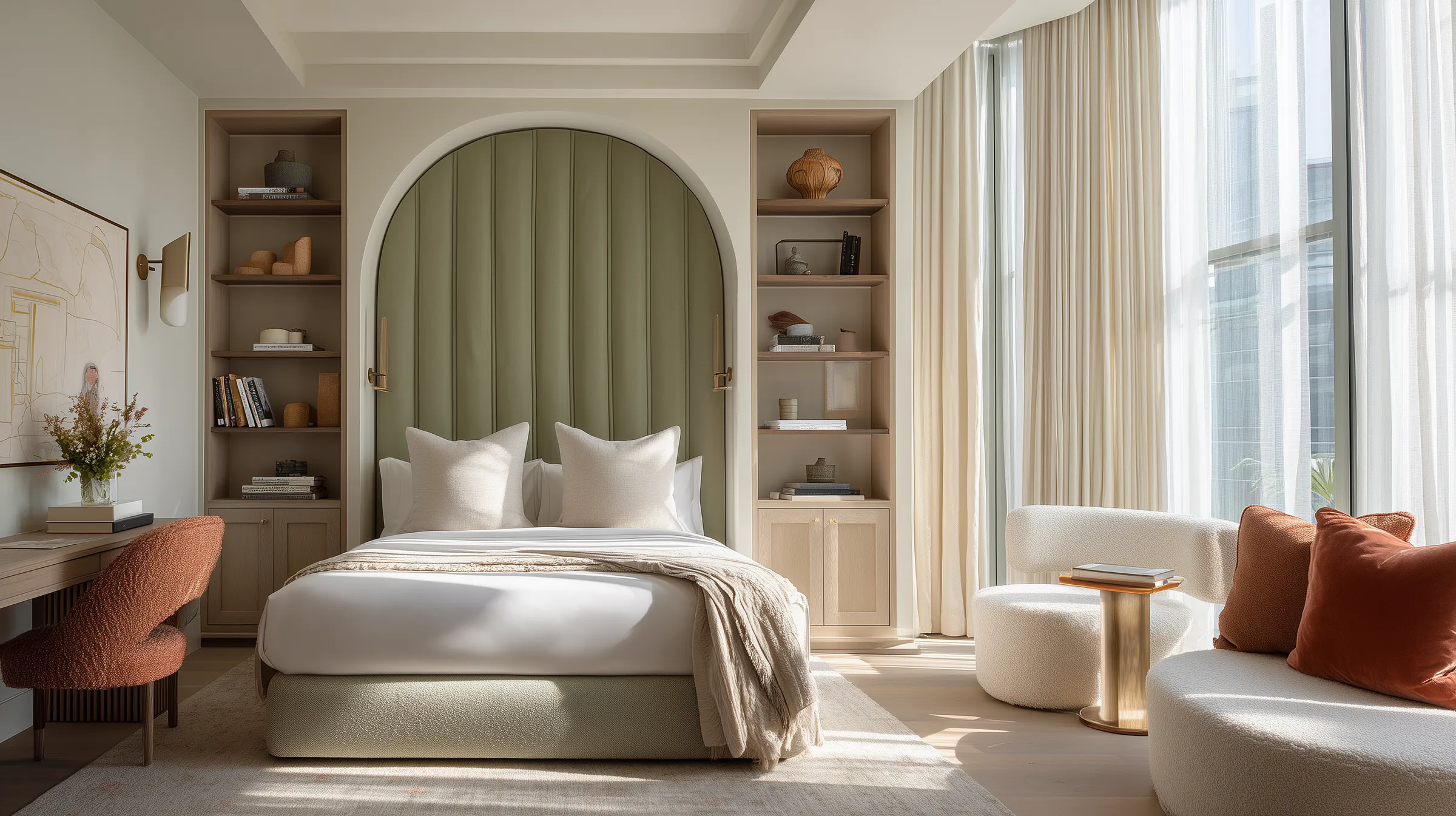 Light-filled neutral bedroom with a sage green arched upholstered headboard, built-in wood shelving, creamy bouclé chairs, rust accent pillows, and soft modern architecture.
