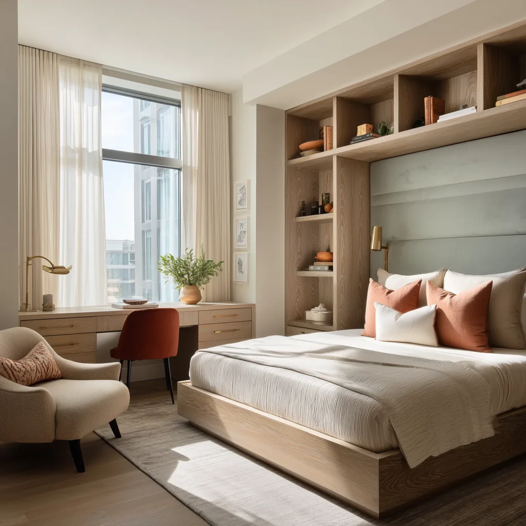 Modern bedroom with built-in light wood shelving framing a soft blue-gray upholstered headboard wall, layered neutral bedding, rust accent pillows, cream drapery, a natural wood desk, and a curved lounge chair.