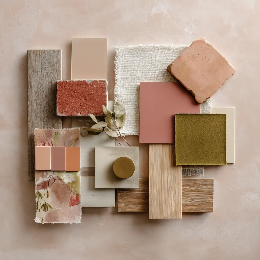 Cactus Blossom Palm Springs color palette featuring soft blush pinks, muted clay tones, warm neutrals, cactus green, natural wood, textured plaster, stone samples, and woven textiles arranged as a desert modern flat lay.