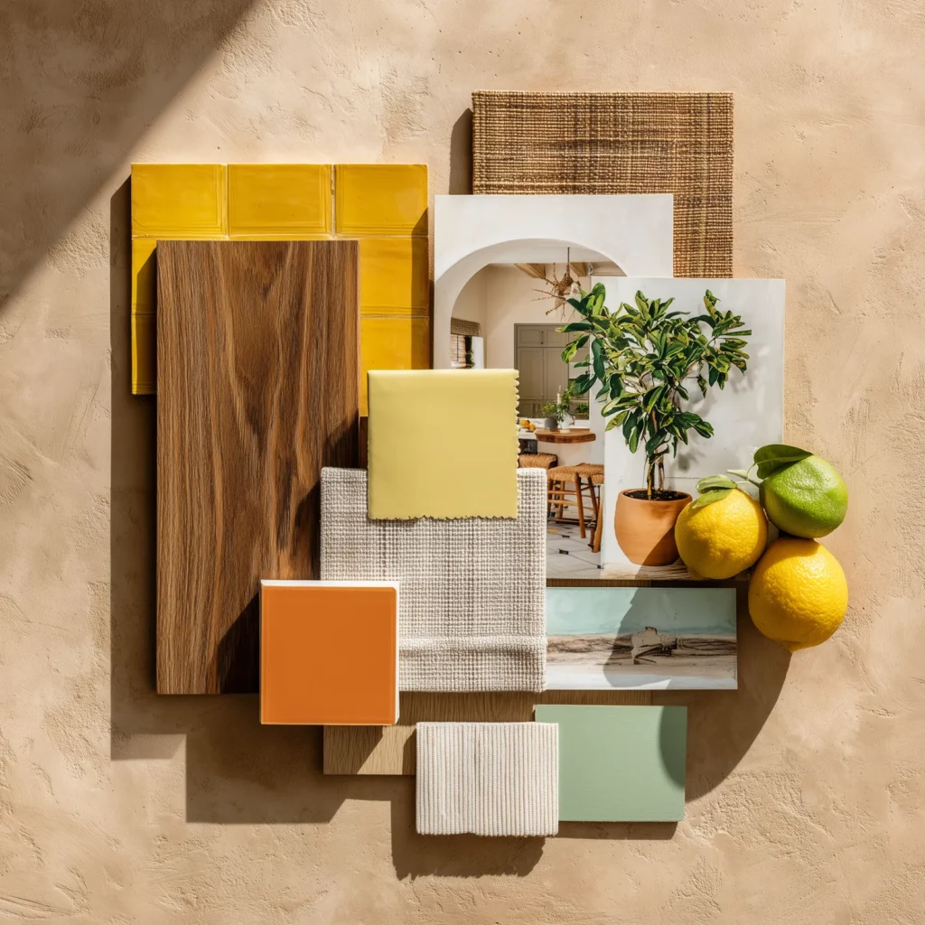 Citrus bungalow color palette inspired by Palm Springs desert modern design, featuring warm yellow tile, walnut wood grain, woven neutrals, sage green accents, terracotta tones, and fresh lemons layered as tactile material and color inspiration.