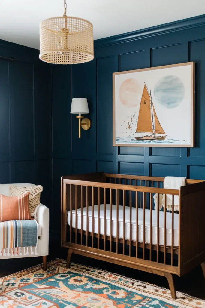 Classic nautical nursery inspiration with navy paneled walls, a bold sailboat art print, mid-century wood crib, and brass accents for a preppy yacht club style baby room.