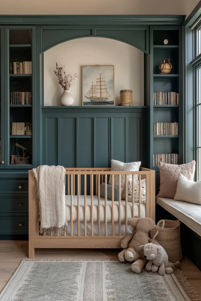 Coastal cottage nursery featuring deep forest-green paneled built-in shelving with an arched niche, framed vintage sailboat artwork above a natural oak crib, woven baskets and books styled on shelves, soft neutral pillows on a window bench, and plush stuffed animals on a textured rug for a classic nautical baby room.