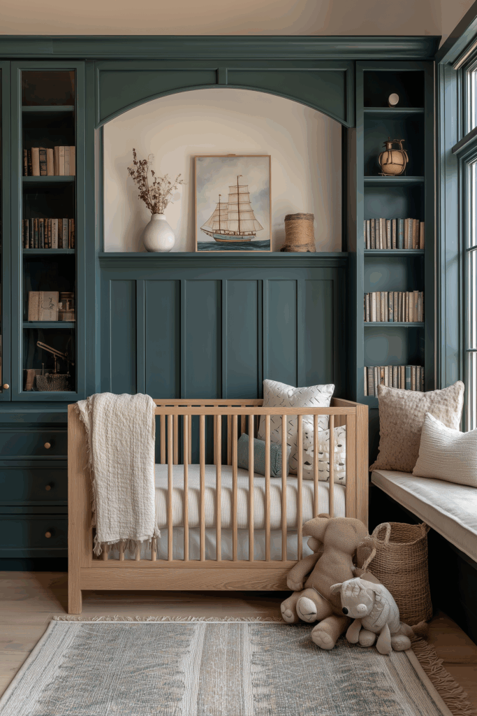 Coastal cottage nursery featuring deep forest-green paneled built-in shelving with an arched niche, framed vintage sailboat artwork above a natural oak crib, woven baskets and books styled on shelves, soft neutral pillows on a window bench, and plush stuffed animals on a textured rug for a classic nautical baby room.