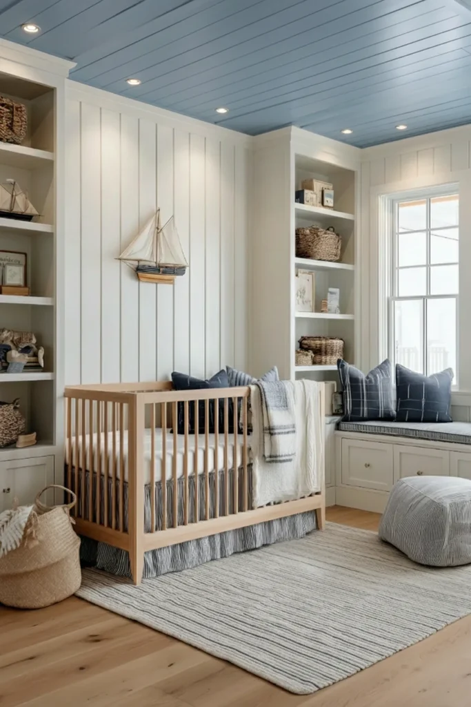 A serene coastal cottage nursery featuring shiplap walls, light wood furniture, woven textures, and subtle nautical accents. This timeless nursery style blends beach house charm with cozy, baby-friendly design for a calm, airy space that grows beautifully over time.