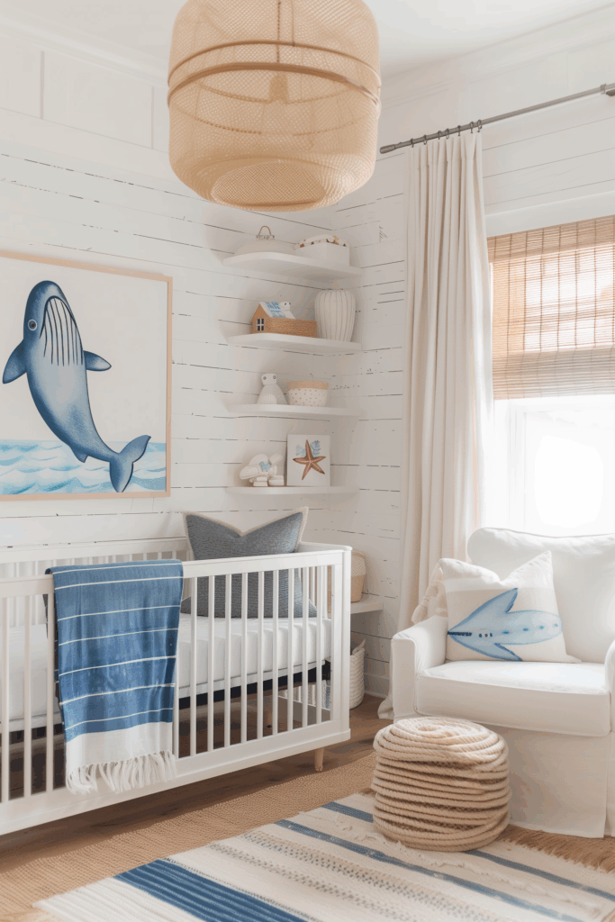Light coastal cottage nursery featuring white shiplap walls, blue whale wall art, white crib, woven textures, and soft beach-inspired neutrals.