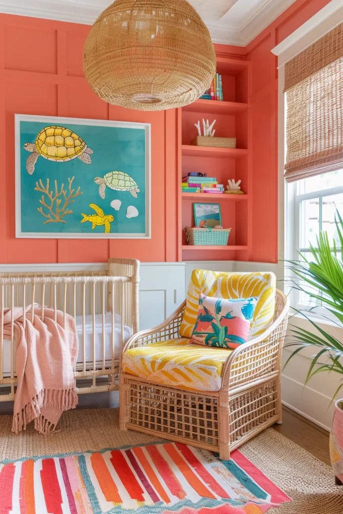 A bright coastal nursery featuring coral-painted walls, rattan crib and armchair, marine life artwork with sea turtles, and tropical-inspired textiles. Designed in a cheerful modern coastal style with natural light and colorful accents, perfect for beach homes or nautical-themed interiors.